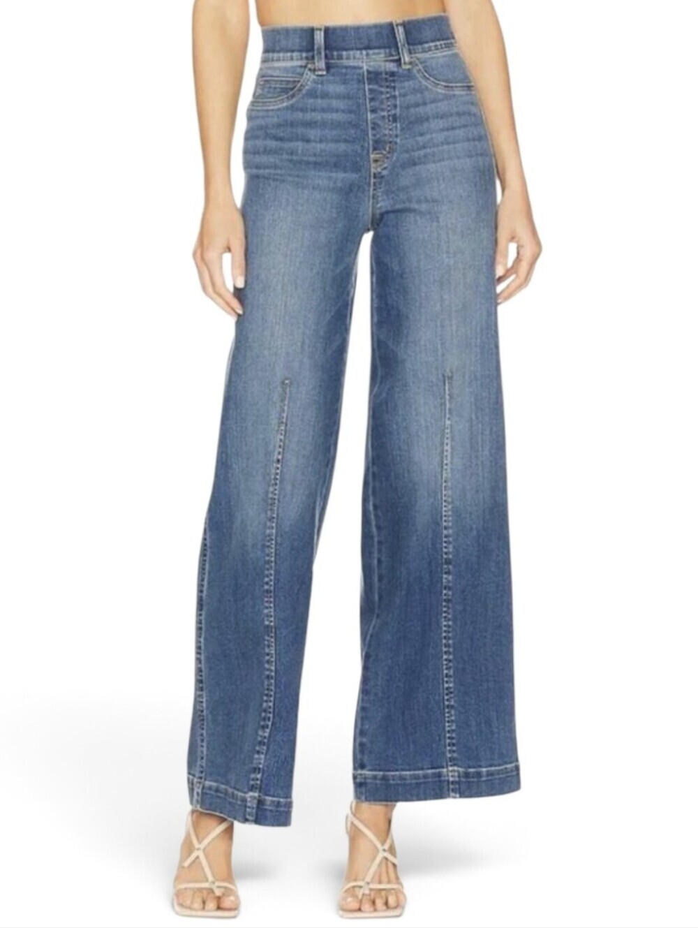 SPANX Seamed Front High Rise Wide Leg Pull On Jeans Vintage Indigo Sz.Small Tall